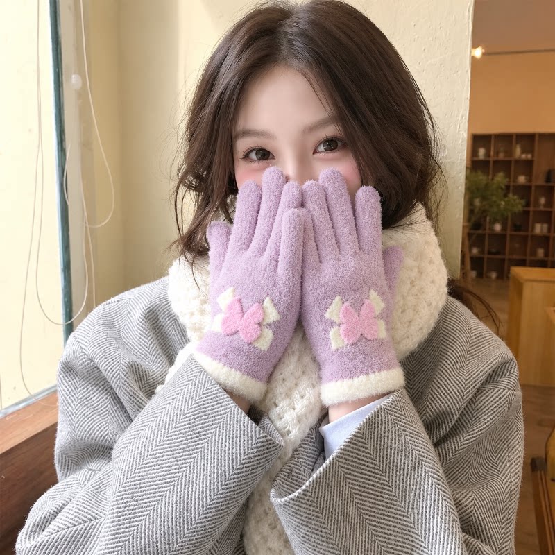 粉色蝴蝶结保暖毛线手套女冬季骑行防寒风可爱五指加厚针织可触屏