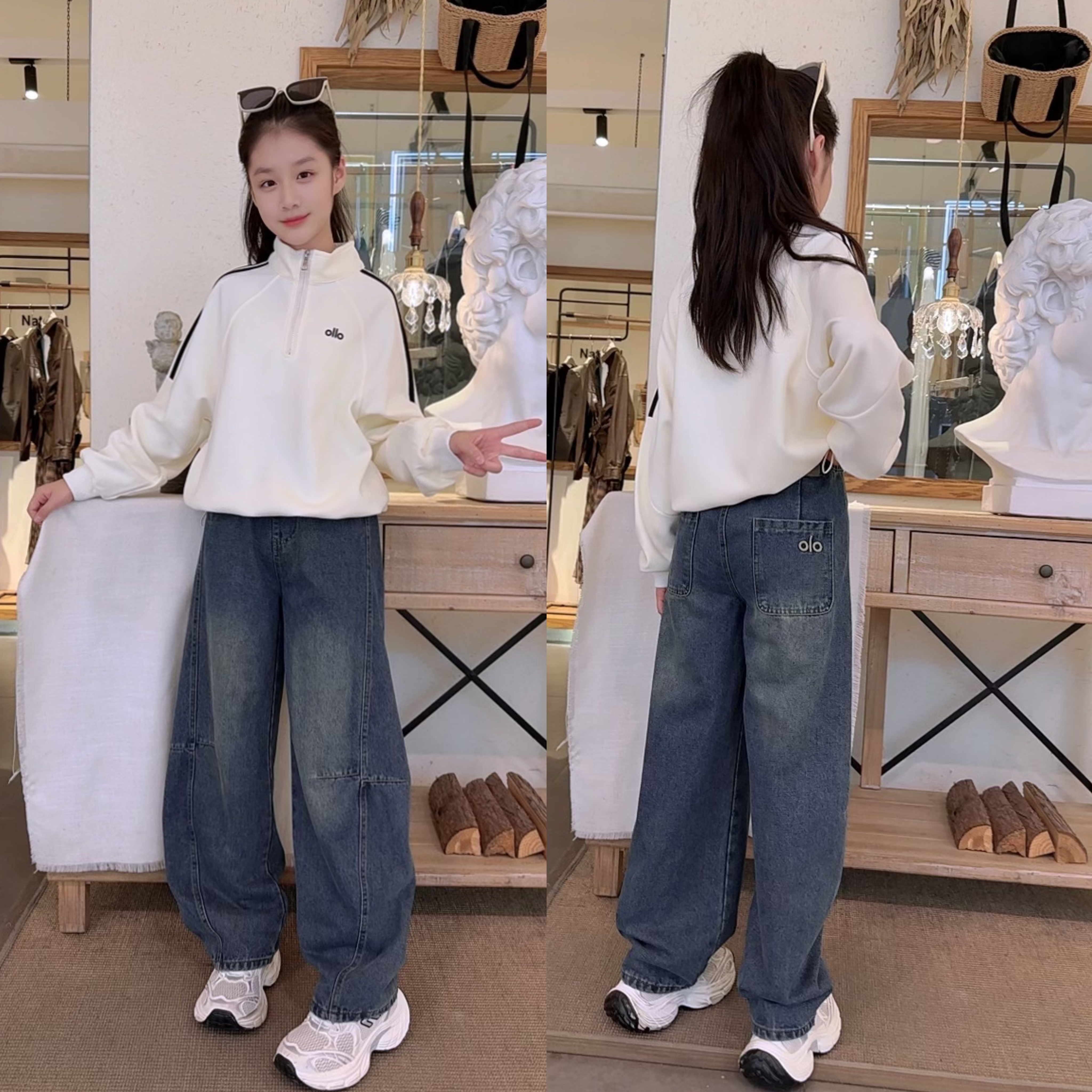 2025春季新款男女儿童牛仔裤潮宝老爹阔腿长裤子帅