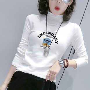 白色半高领打底衫女秋冬加薄绒新款纯棉女士内搭t恤长袖磨毛上衣