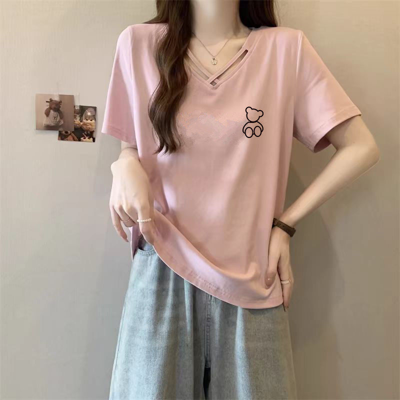 大码胖mm洋气减龄V领套头短袖T恤女士夏季小个子修身显瘦纯棉上衣