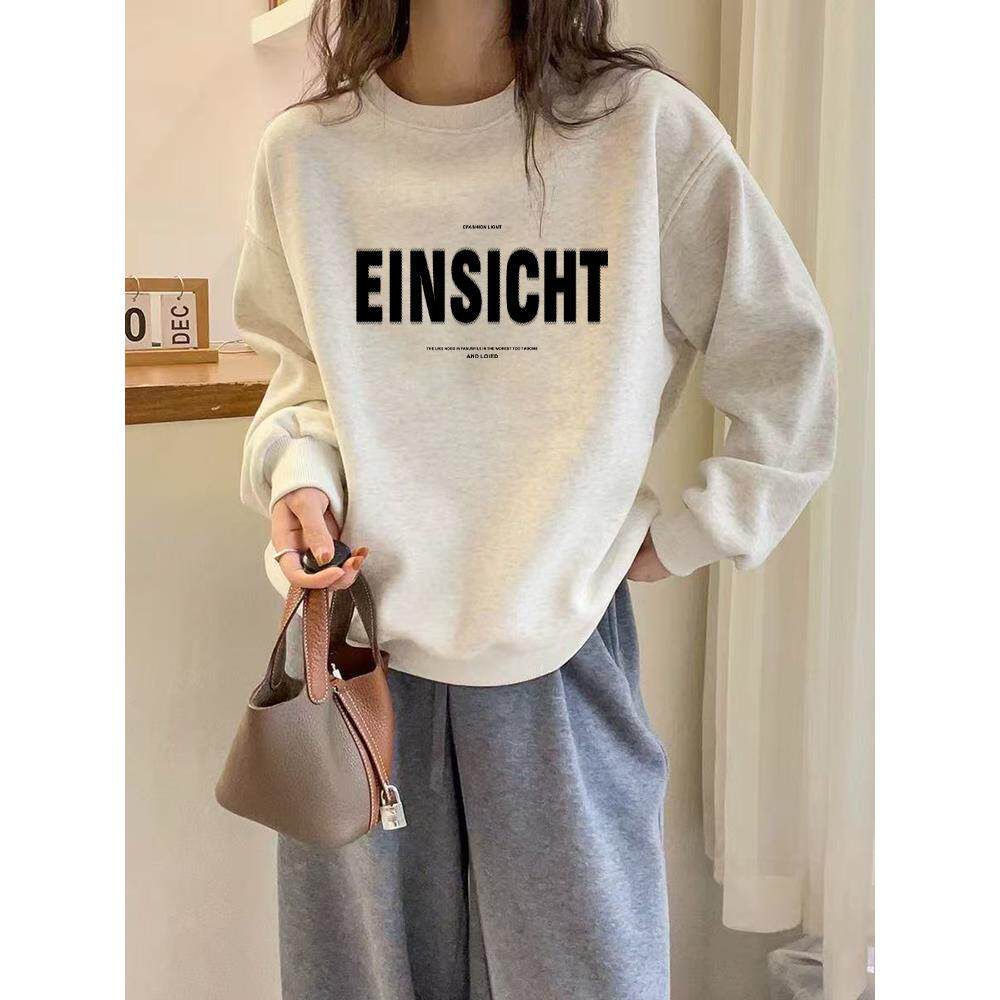 白灰色圆领卫衣女秋冬季2025新款宽松慵懒风加绒加厚薄款上衣外套