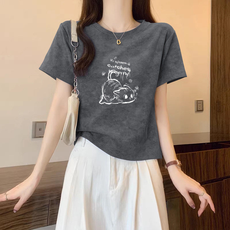 正肩扎染短袖t恤女夏季2026新款设计感小众短款纯棉洋气时尚上衣