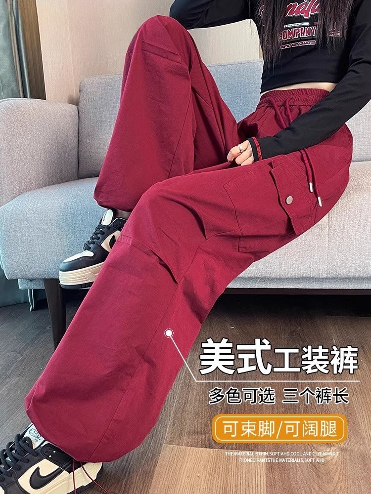 安可拉红色美式工装裤女春秋2025新款冲锋裤小个子束脚运动登山裤