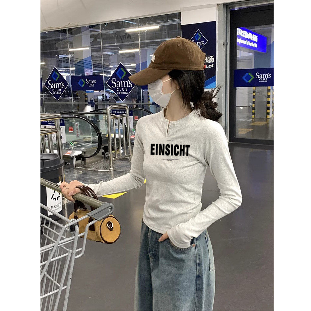 灰色纯棉半开领长袖t恤女2025新款早秋季内搭打底衫修身短款上衣