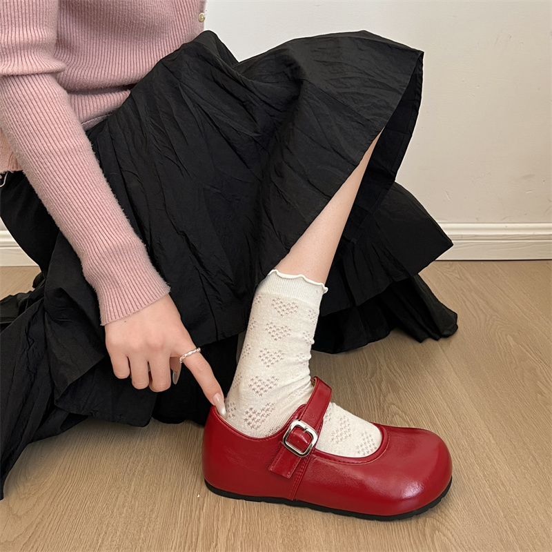法式红色圆头浅口内增高单鞋女