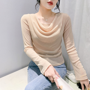 t恤小衫 网纱打底衫 女秋冬欧货洋气设计感堆堆领上衣独特别致长袖