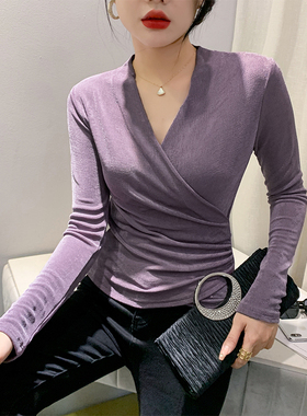 2026秋装新款性感交叉V领T恤女长袖洋气上衣修身百搭气质打底衫潮