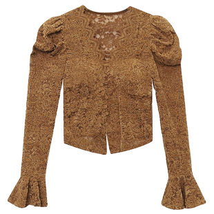 植绒蕾丝打底衫女秋冬欧货时尚泡泡袖上衣洋气性感V领长袖小衫潮