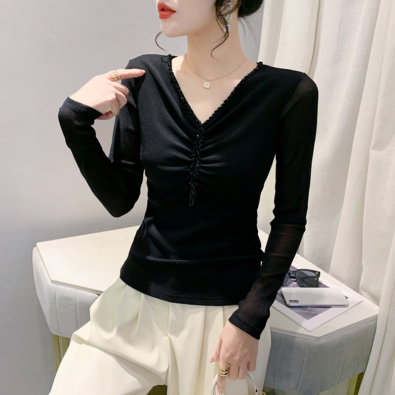 性感网纱打底衫长袖时尚钉珠上衣