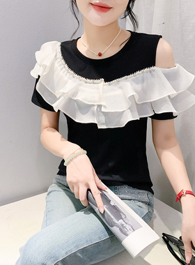 性感露肩T恤女短袖夏装欧货时尚钉珠荷叶边上衣修身显瘦洋气小衫