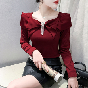 秋冬 显瘦打底衫 性感方领T恤女长袖 欧货洋气设计感蝴蝶结上衣修身