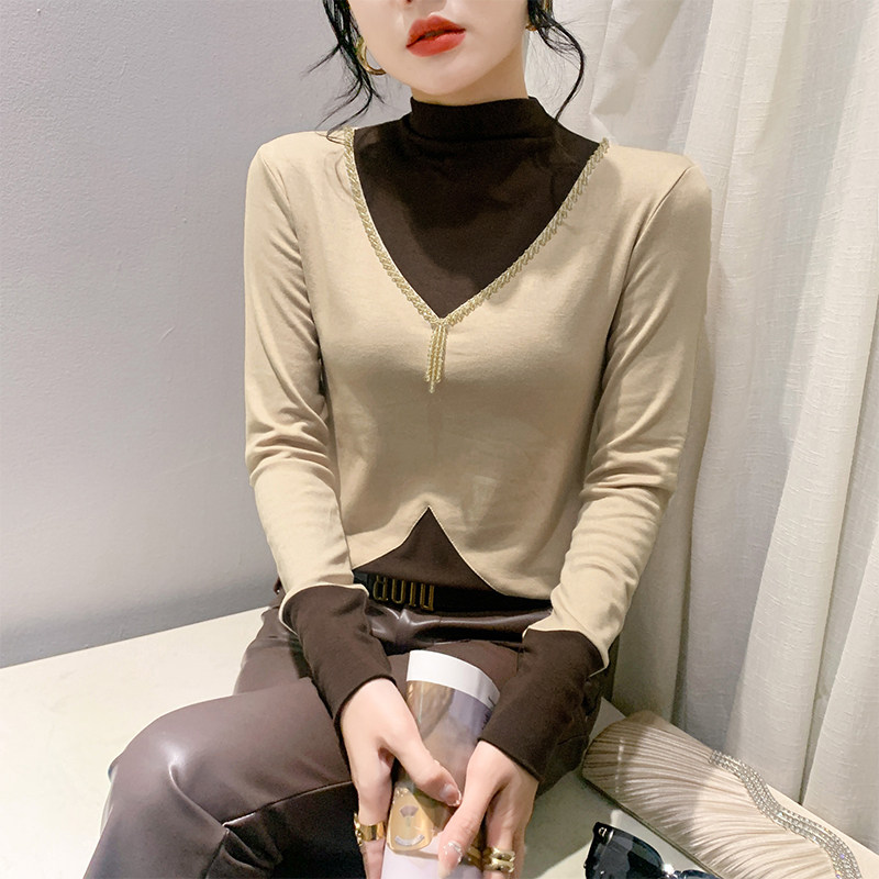 加厚磨毛打底衫女装秋冬欧货时尚洋气钉珠上衣半高领内搭长袖T恤