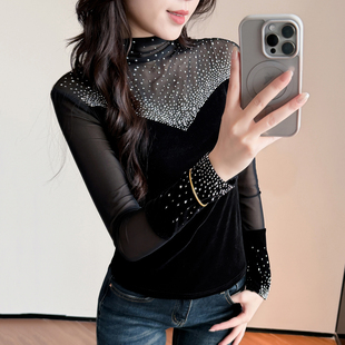 高领打底衫 t恤 女内搭秋冬欧货性感网纱拼接丝绒上衣洋气烫钻长袖