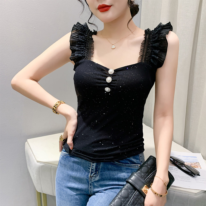 黑色性感网纱吊带背心女夏季外穿内搭设计感无袖上衣修身打底小衫