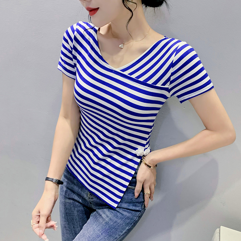 不规则开叉短袖女设计感条纹上衣
