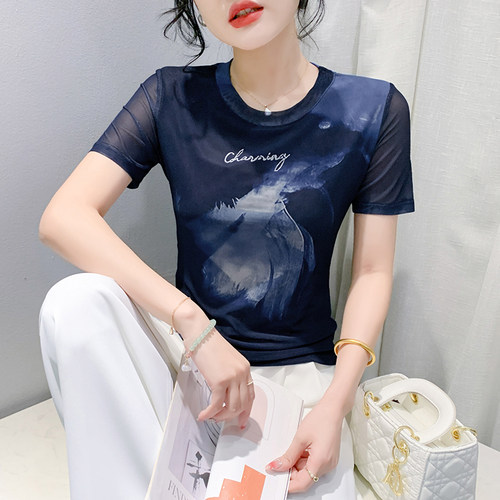 时尚印花短袖修身显瘦网纱上衣女