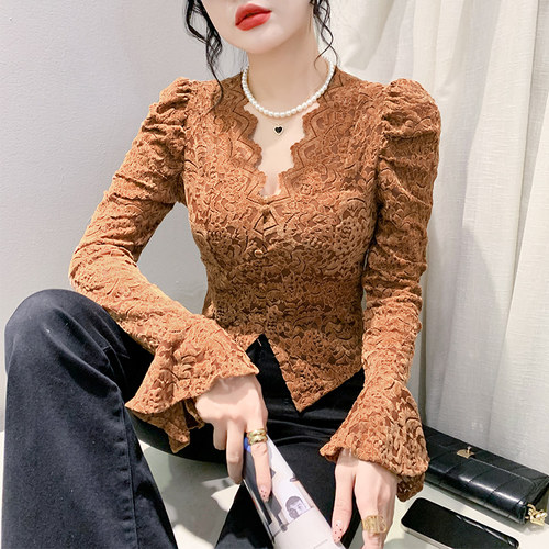 植绒蕾丝打底衫女长袖泡泡袖上衣