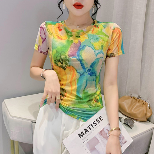 时尚印花圆领短袖女弹力网纱上衣