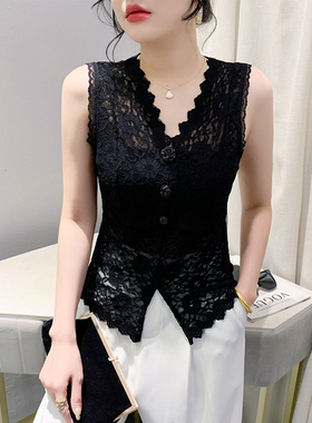 欧货性感镂空V领蕾丝衫女夏季外穿内搭无袖背心上衣气质显瘦小衫