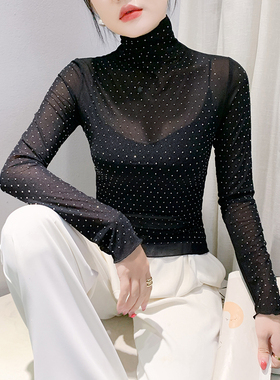 高领打底衫女秋冬欧货性感透视网纱上衣洋气重工烫钻长袖t恤小衫