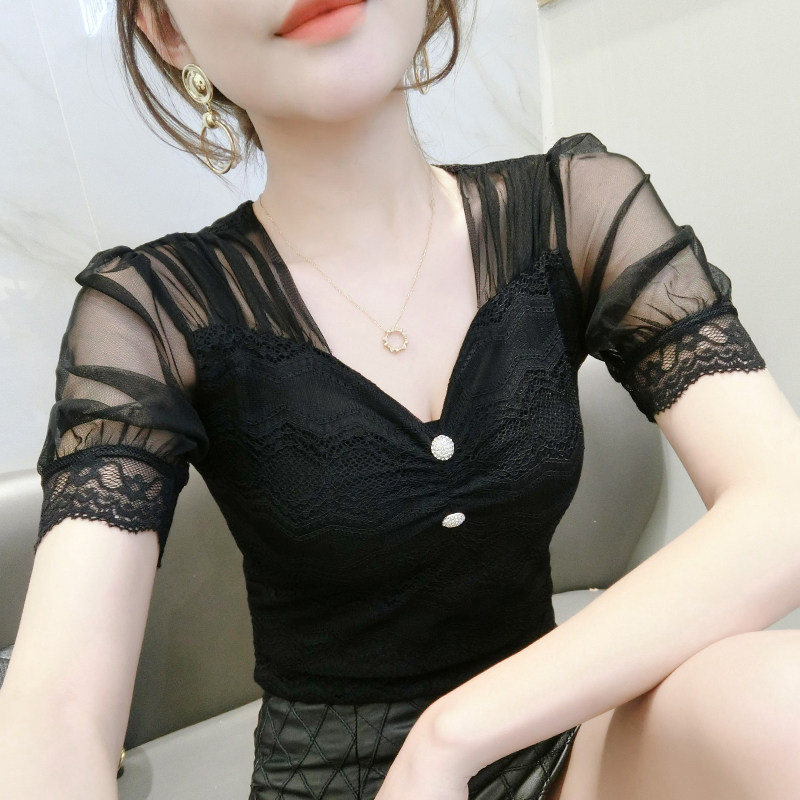 性感透视V领蕾丝衫女短袖2026夏装新款洋气质百搭网纱上衣T恤小衫