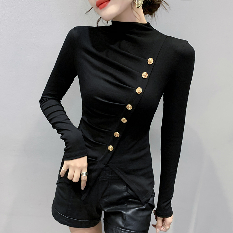 不规则开叉上衣半高领打底衫长袖