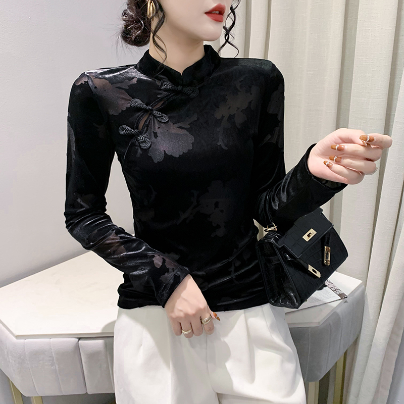 复古盘扣上衣金丝绒打底衫女长袖