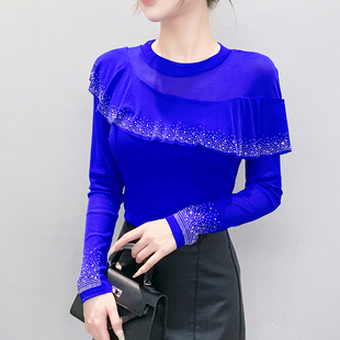 设计感烫钻荷叶边上衣洋气百搭网纱打底衫 长袖 t恤女2025秋冬新款