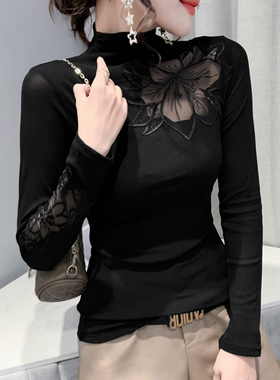 半高领加绒打底衫女秋冬性感蕾丝T恤女长袖内搭洋气上衣网纱小衫