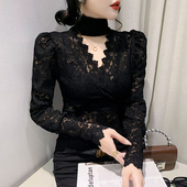 小衫 欧货性感镂空内搭上衣气质长袖 女2026秋冬新款 高领蕾丝打底衫