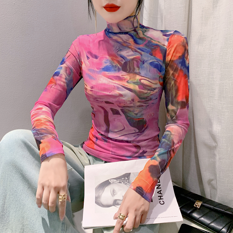 高领打底衫长袖时尚印花网纱上衣