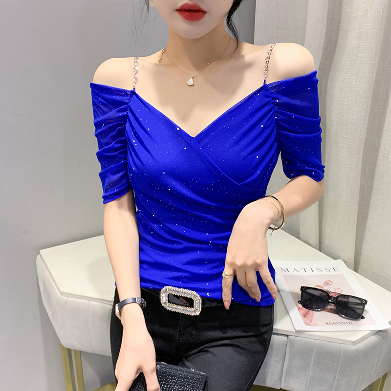 性感V领网纱短袖t恤女2023夏季新款洋气设计感露肩上衣吊带小衫潮