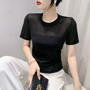t恤女2026夏装 小衫 新款 百搭洋气上衣半袖 潮 欧货修身 性感网纱短袖