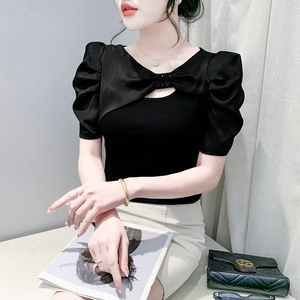 时尚泡泡袖T恤女短袖夏装欧货设计感蝴蝶结上衣洋气百搭半袖小衫