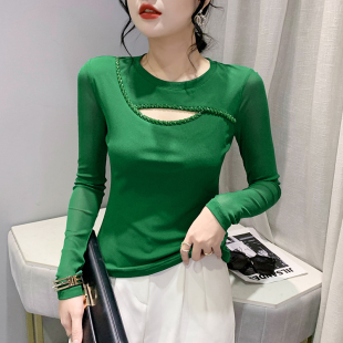 钉珠网纱上衣紧身内搭打底衫 2026秋装 时尚 性感镂空T恤女长袖 新款