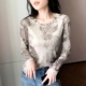 女2025秋冬新款 欧货复古印花上衣修身 显瘦长袖 网纱打底衫 t恤小衫
