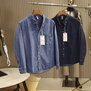 新款 男士 时尚 美式 牛仔衬衫 秋季 水洗全棉宽松休闲翻领长袖 工装