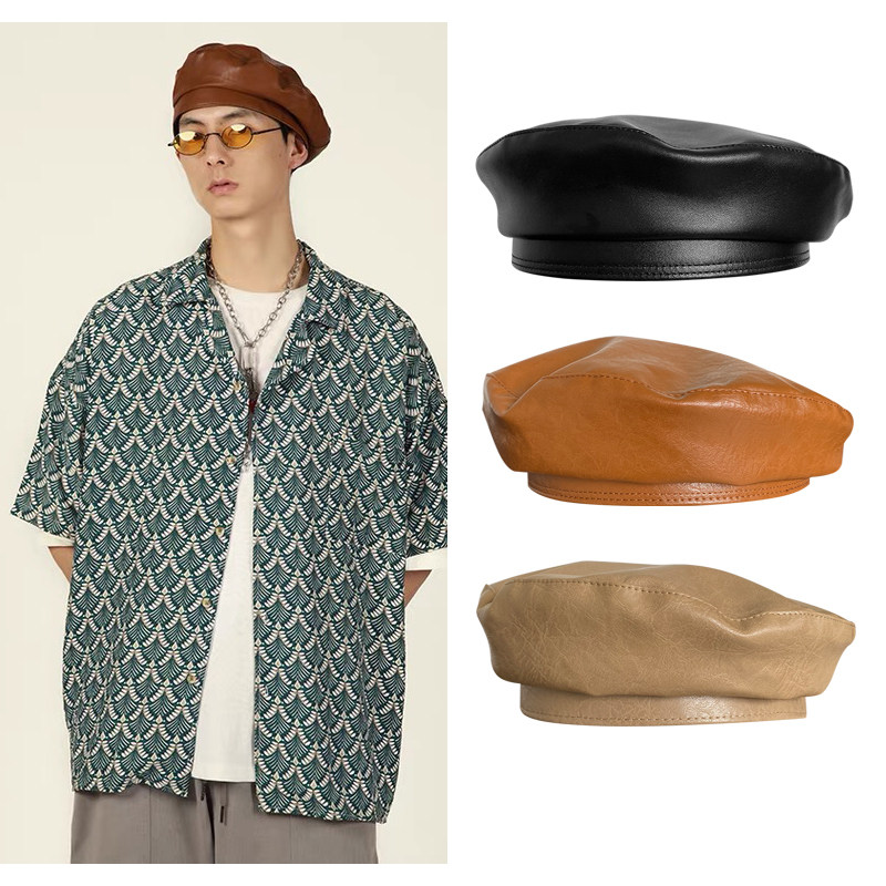 男士贝雷帽pu皮黑白简约休闲帽潮时尚平顶画家帽蓓蕾帽复古海军帽