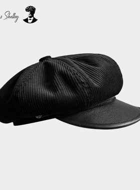 THOMAS SHELBY黑色灯芯绒牛皮拼接工装阿美咔叽硬汉报童帽机车帽