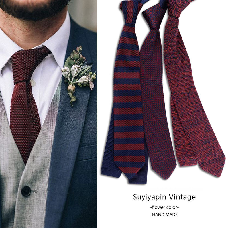 时尚针织毛线领带男绅士条纹商务正装秋冬休闲透空领带羊毛口袋巾