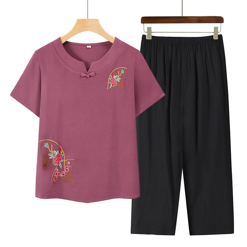 奶奶装衣服短袖宽松上衣老人夏季印花休闲装中老年妈妈老太太女款