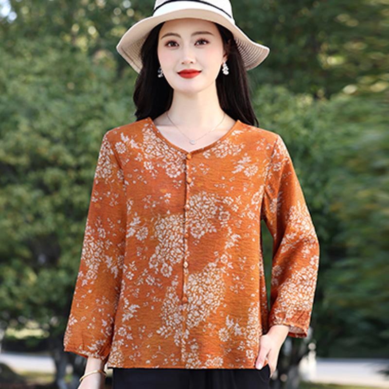 2025夏新款妈妈装圆领长袖T恤衫国风中老年女装宽松遮肚小衫上衣