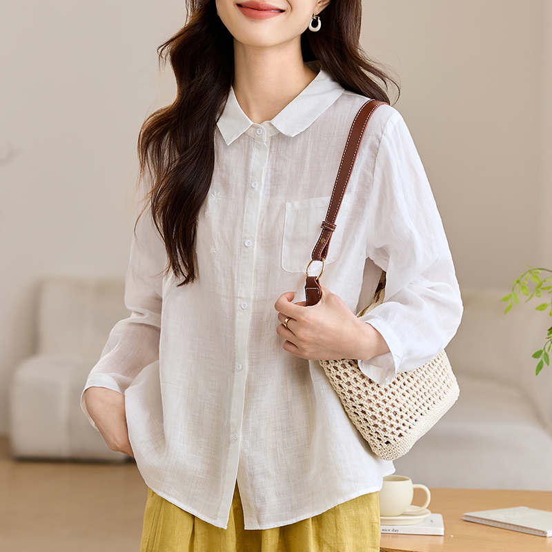 音儿100%苎麻白色衬衫女2025春夏新款宽松显瘦衬衣气质通勤长袖