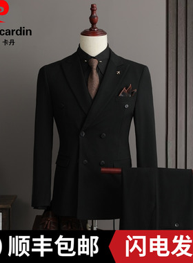 皮尔卡丹双排扣西服套装男士商务正装高级感西装新郎结婚修身外套