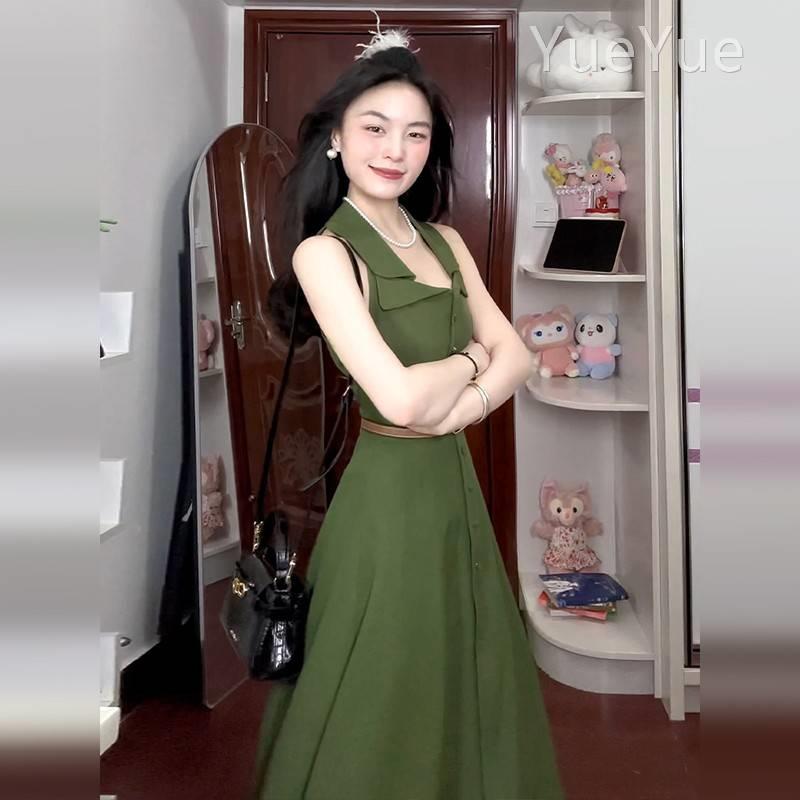 法式色复古绿露背挂脖子连衣裙夏季2025女新C3L51995款高级感收腰