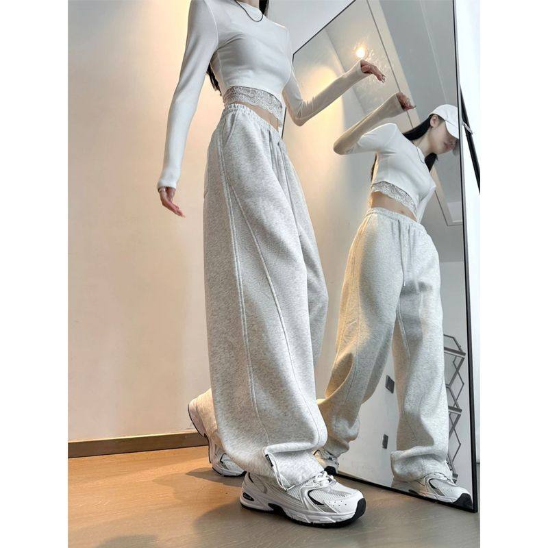 灰色加绒运动裤女秋冬宽松束脚卫裤美式香蕉裤高腰直筒休闲阔腿裤,女装/女士精品,卫裤,淘宝优惠券,粉丝福利购,淘宝优惠卷