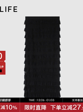 伊纳芙高级黑色蕾丝半身裙女冬季新款气质高腰网纱蛋糕裙中长裙子