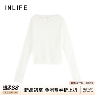 伊纳芙白色设计感花边圆领针织衫女秋季新款温柔宽松白色短款毛衫