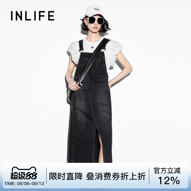 伊纳芙高级复古开叉牛仔背带裙女26夏季新款宽松直筒裙吊带连衣裙