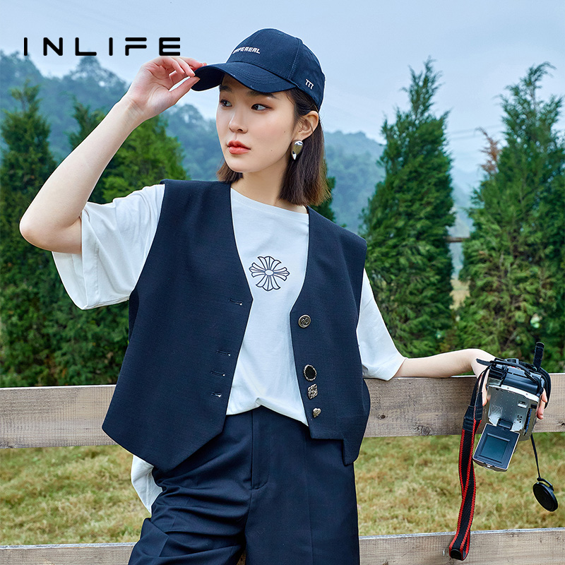 inlife复古v领马甲百搭休闲上衣